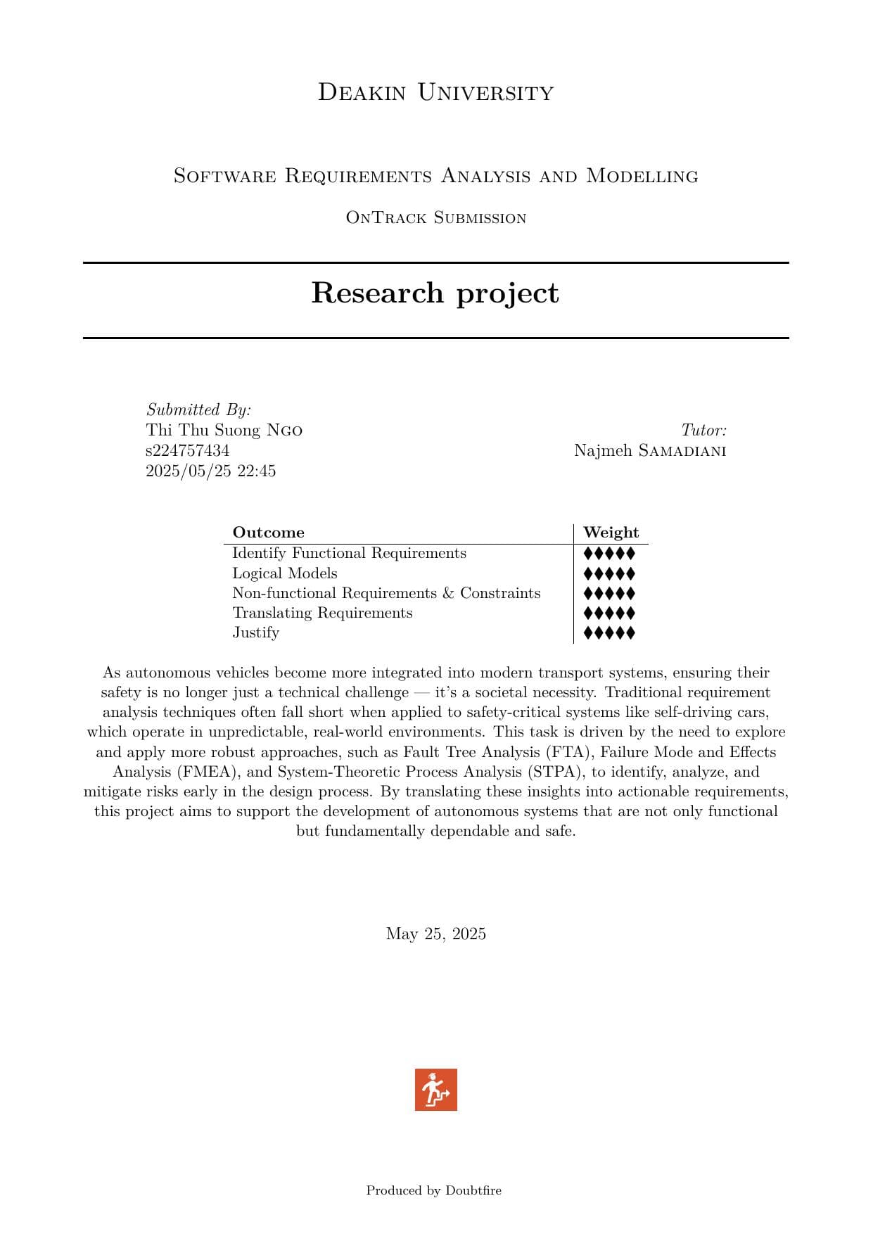 Software Requirements Analysis research project coversheet