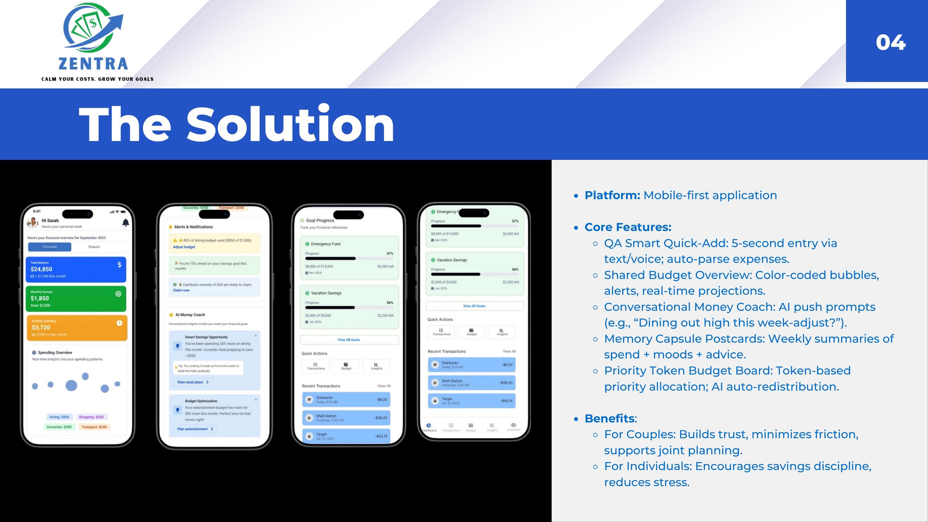 ZenTra solution slide with mobile app UI mockups