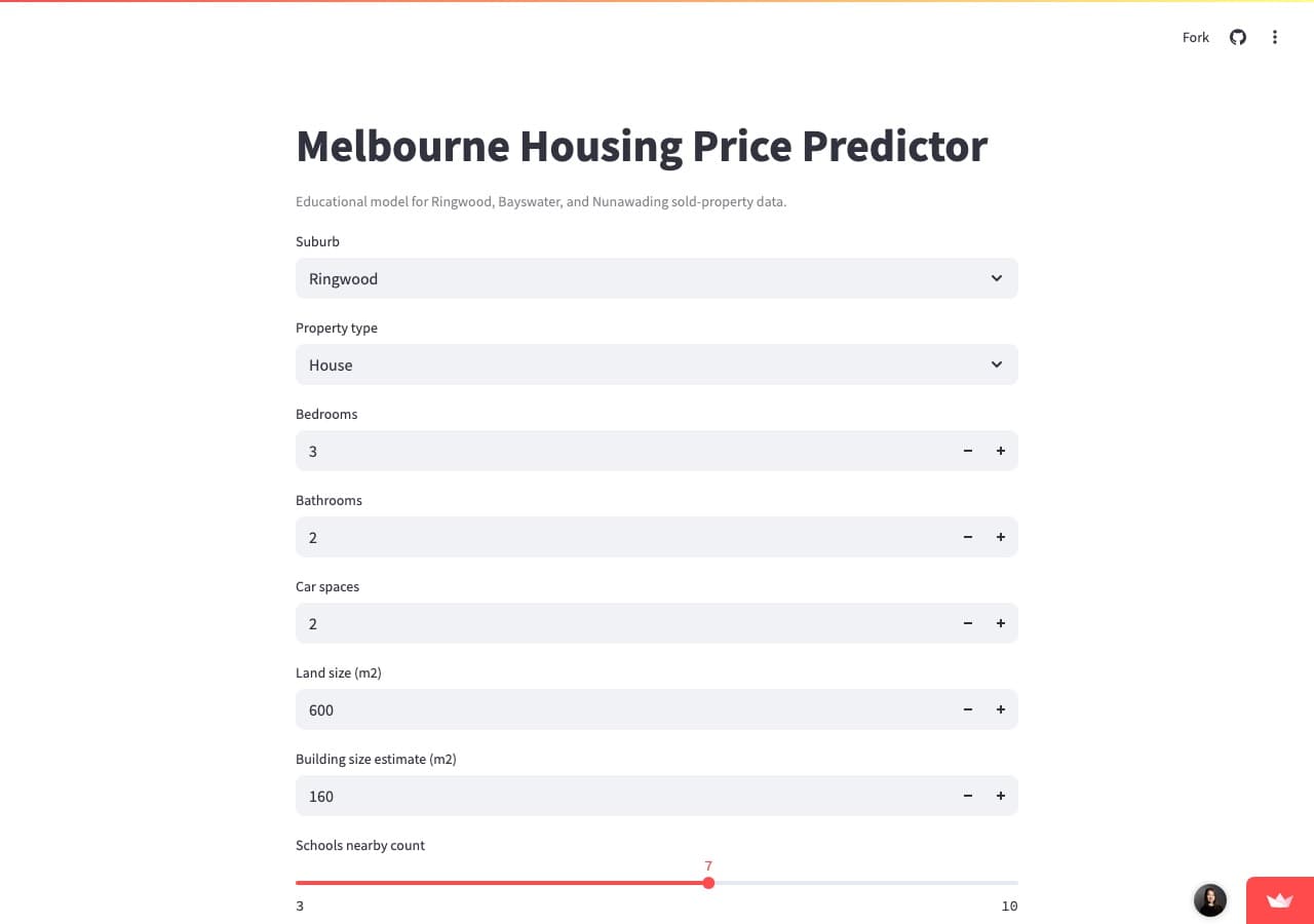 Melbourne Housing Price Predictor Streamlit app form